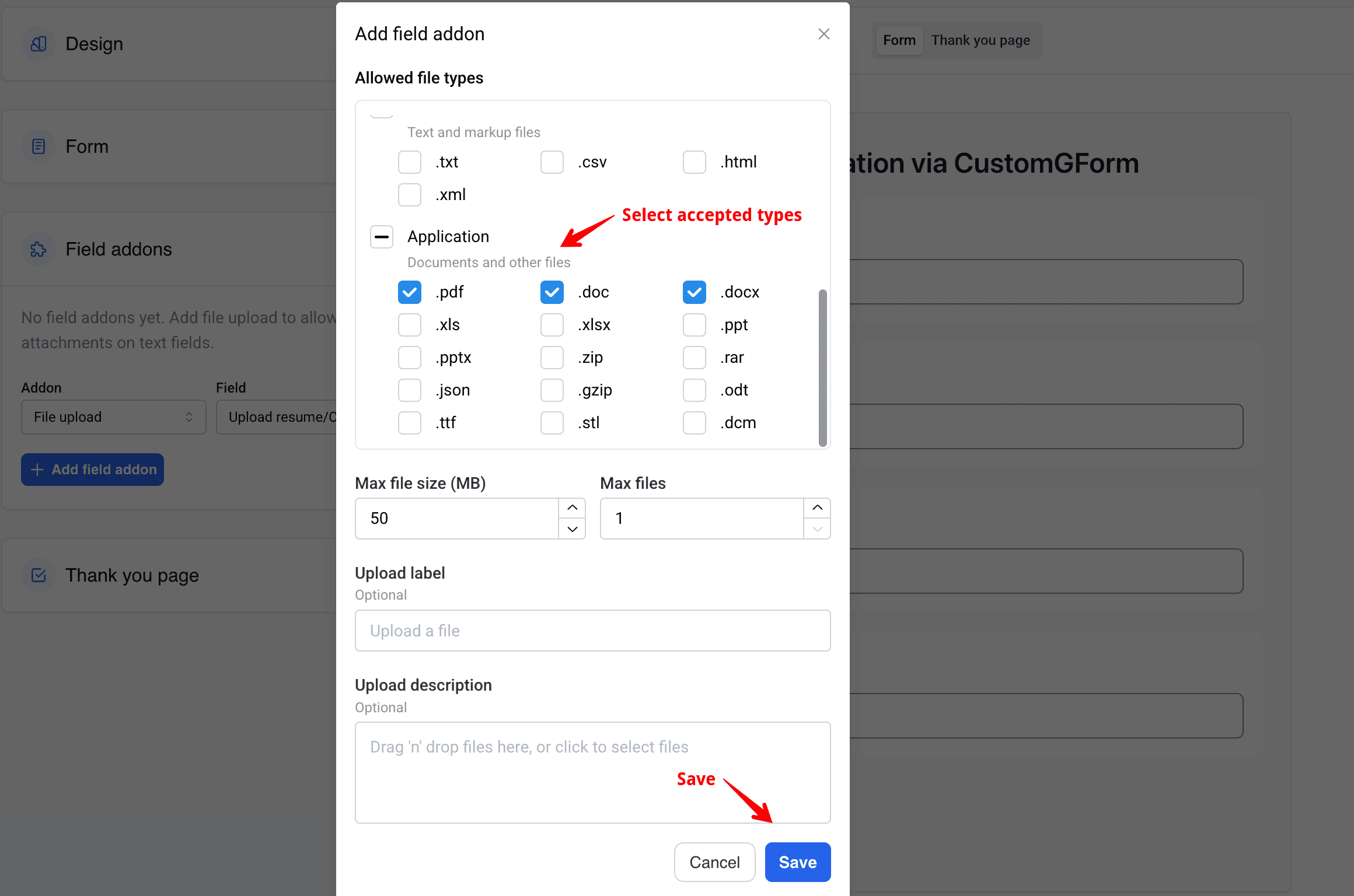File Upload addon modal with settings configured