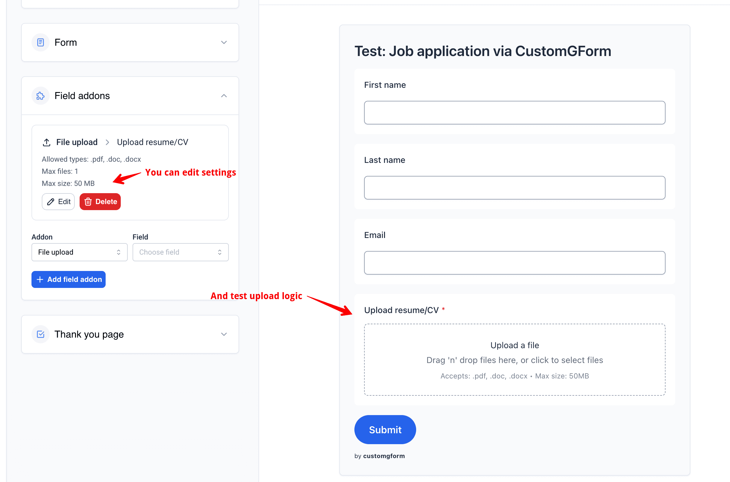 CustomGForm public form with file upload field