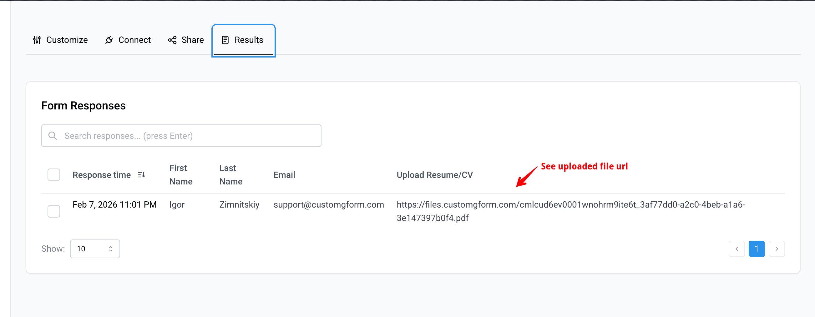 CustomGForm Results tab showing a file upload response