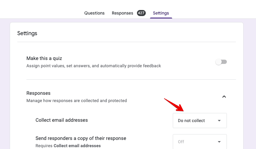 Google Forms settings showing how to disable automatic email collection