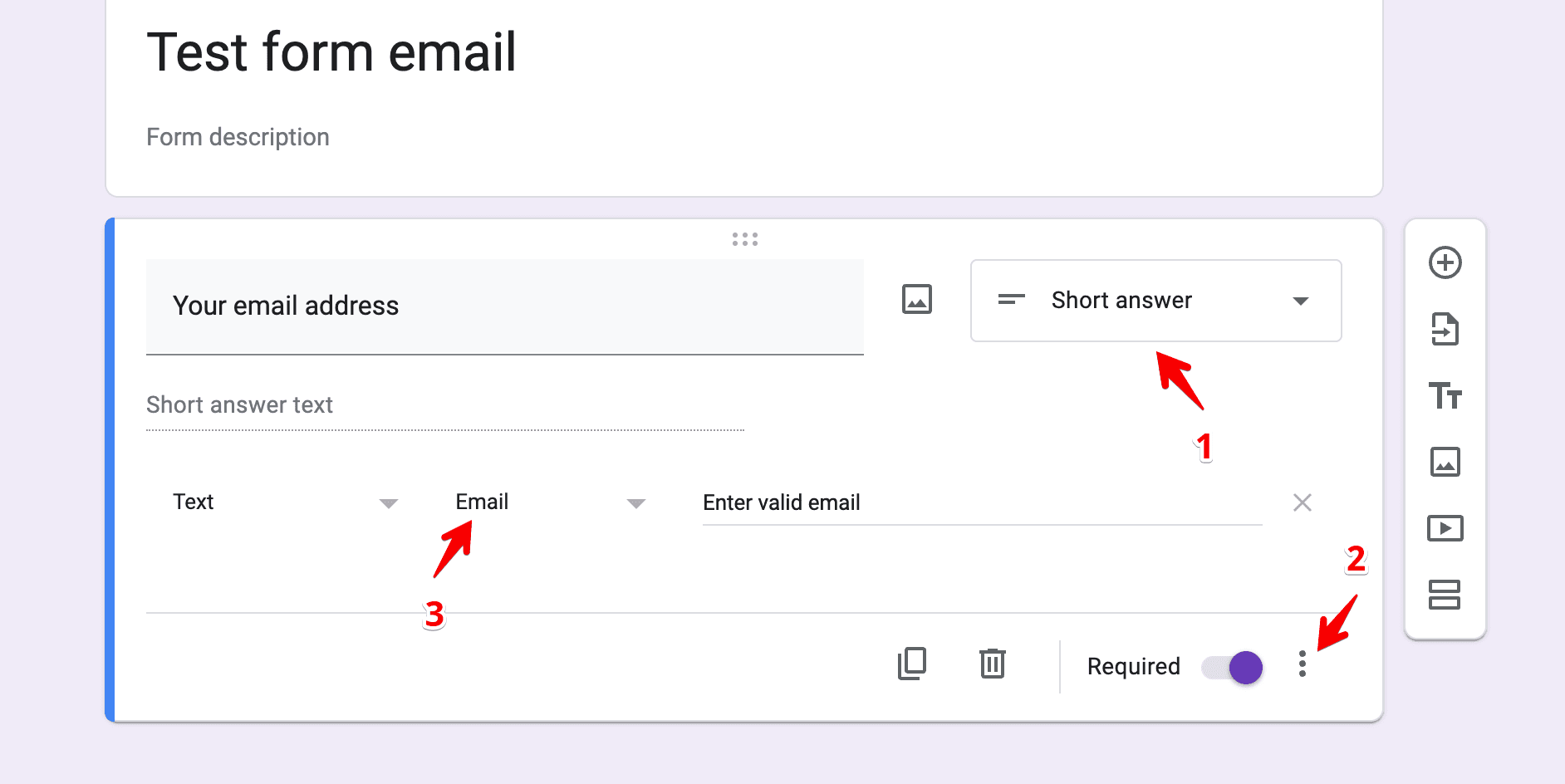 Creating a short answer field and accessing response validation in Google Forms
