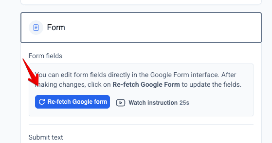 CustomGForm dashboard showing the refetch option to sync updated Google Form